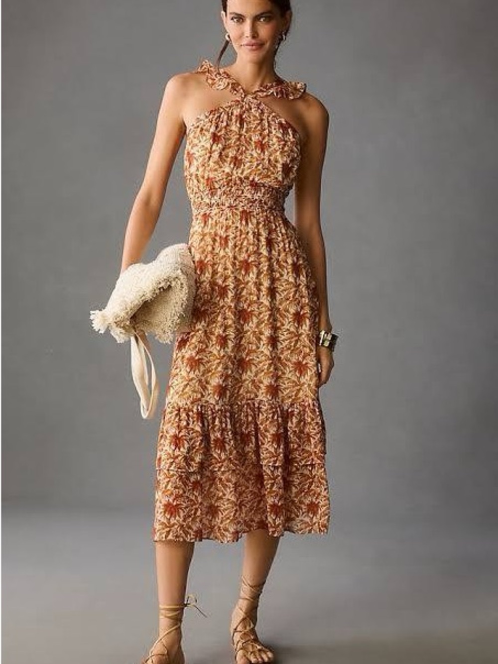 PAIGE Rust and Cream Halter Midi Dress